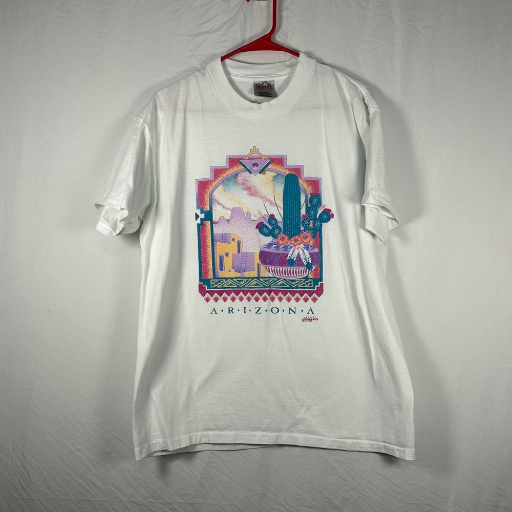 Oneita Arizona Graphic T-Shirt Womens Large White Vintage 1995 Desert Scene Tee